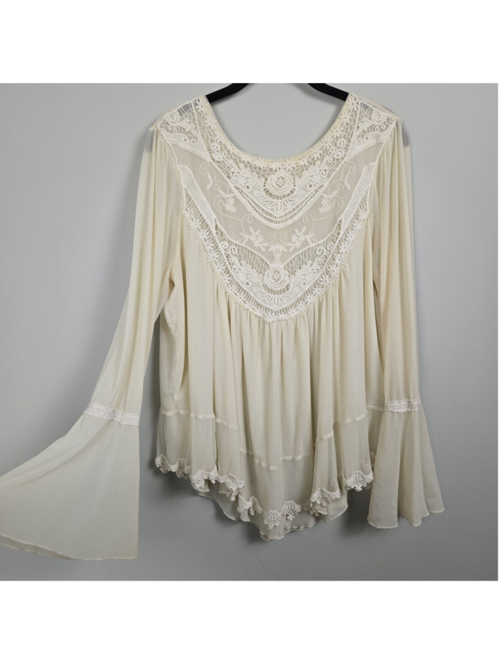Womens Fairy Mesh Lace Bell Sleeve Top Large Ivory Ethereal Whimsical Romantic